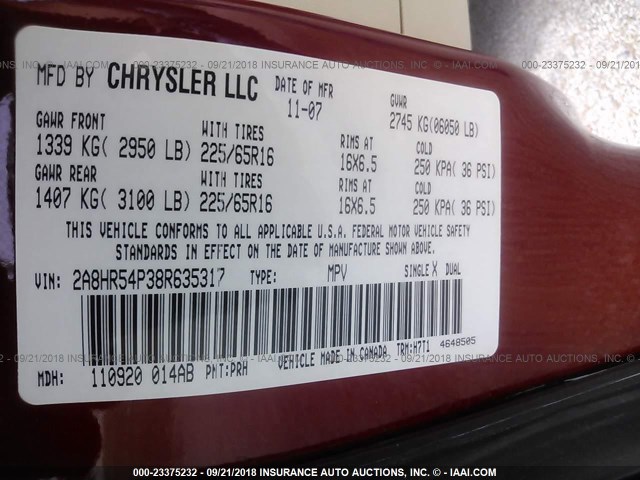 2A8HR54P38R635317 - 2008 CHRYSLER TOWN & COUNTRY TOURING MAROON photo 9