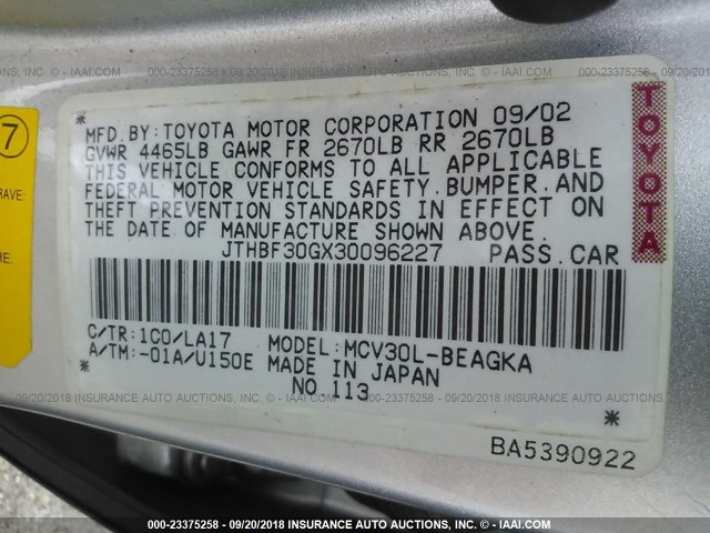 JTHBF30GX30096227 - 2003 LEXUS ES 300 GRAY photo 9