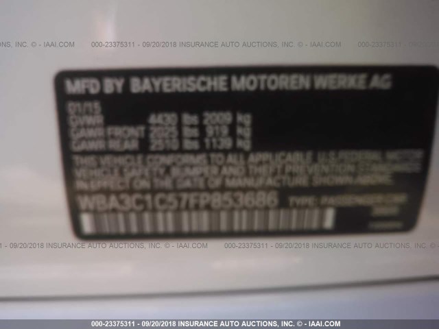 WBA3C1C57FP853686 - 2015 BMW 328 I SULEV WHITE photo 9