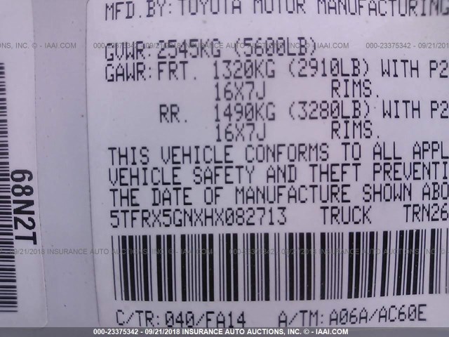 5TFRX5GNXHX082713 - 2017 TOYOTA TACOMA ACCESS CAB/SR/SR5 თეთრი ფოტო 9