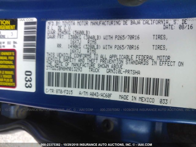 3TMDZ5BN8HM013293 - 2017 TOYOTA TACOMA BLUE photo 9