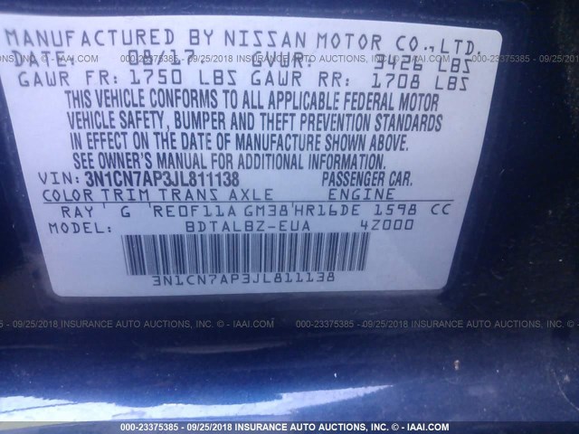 3N1CN7AP3JL811138 - 2018 NISSAN VERSA S/S PLUS/SV/SL Синій фото 9