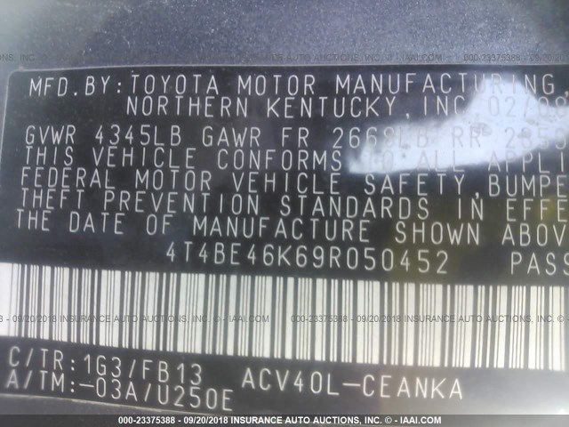 4T4BE46K69R050452 - 2009 TOYOTA CAMRY SE/LE/XLE BLUE photo 9