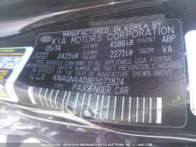 KNAGN4AD8E5072824 - 2014 KIA OPTIMA HYBRID BLACK photo 9