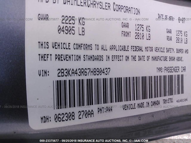 2B3KA43R67H890437 - 2007 DODGE CHARGER SE/SXT GRAY photo 9