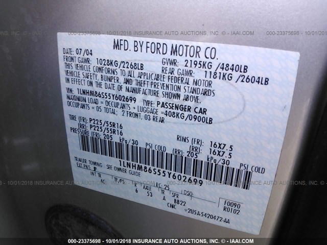 1LNHM86S55Y602699 - 2005 LINCOLN LS 银色 照片 9