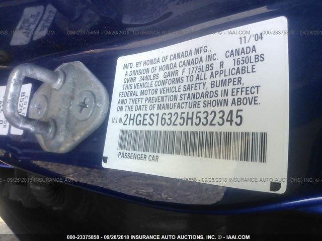 2HGES16325H532345 - 2005 HONDA CIVIC DX VP 蓝色 照片 9