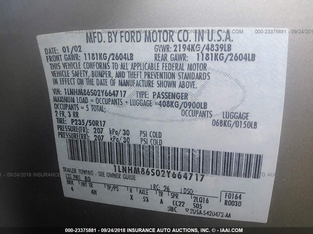 1LNHM86S02Y664717 - 2002 LINCOLN LS 棕色 照片 9