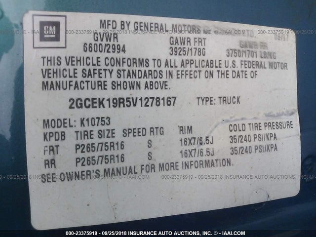 2GCEK19R5V1278167 - 1997 CHEVROLET GMT-400 K1500 GREEN photo 9