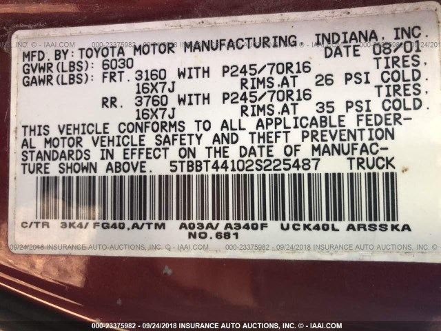 5TBBT44102S225487 - 2002 TOYOTA TUNDRA ACCESS CAB/ACCESS CAB SR5 BURGUNDY photo 9