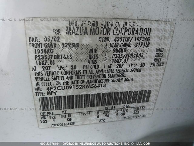 4F2CU09152KM56418 - 2002 MAZDA TRIBUTE LX/ES WHITE photo 9