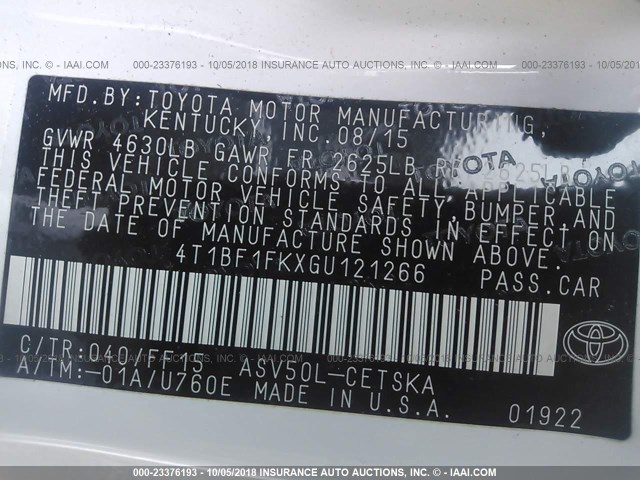 4T1BF1FKXGU121266 - 2016 TOYOTA CAMRY LE/XLE/SE/XSE 白色 照片 9