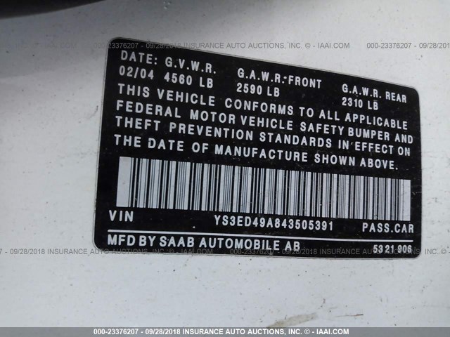 YS3ED49A843505391 - 2004 SAAB 9-5 ARC WHITE photo 9