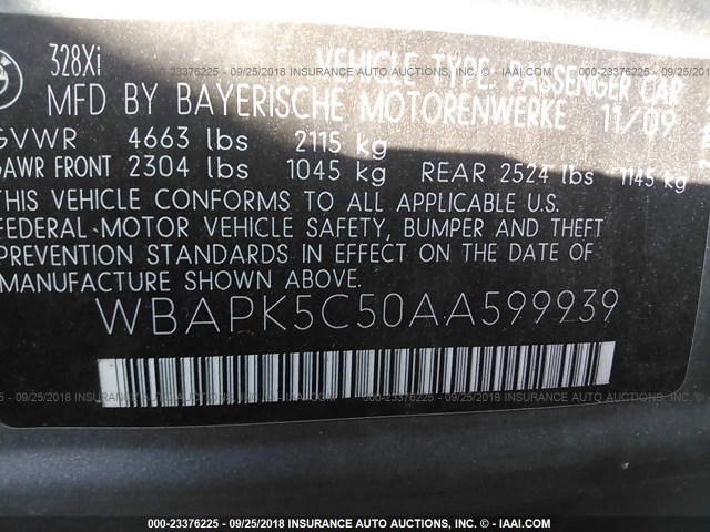 WBAPK5C50AA599939 - 2010 BMW 328 XI SULEV GRAY photo 9