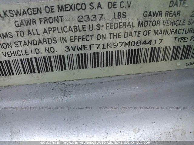 3VWEF71K97M084417 - 2007 VOLKSWAGEN JETTA WOLFSBURG 银色 照片 9