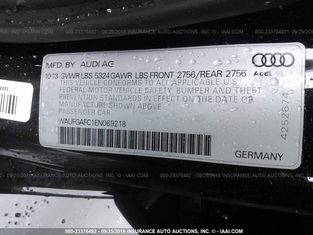 WAUFGAFC1EN069218 - 2014 AUDI A6 PREMIUM PLUS BLACK photo 9