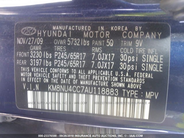 KM8NU4CC7AU118883 - 2010 HYUNDAI VERACRUZ GLS/LIMITED BLUE photo 9