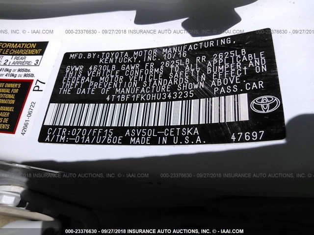 4T1BF1FK0HU343235 - 2017 TOYOTA CAMRY LE/XLE/SE/XSE 白色 照片 9