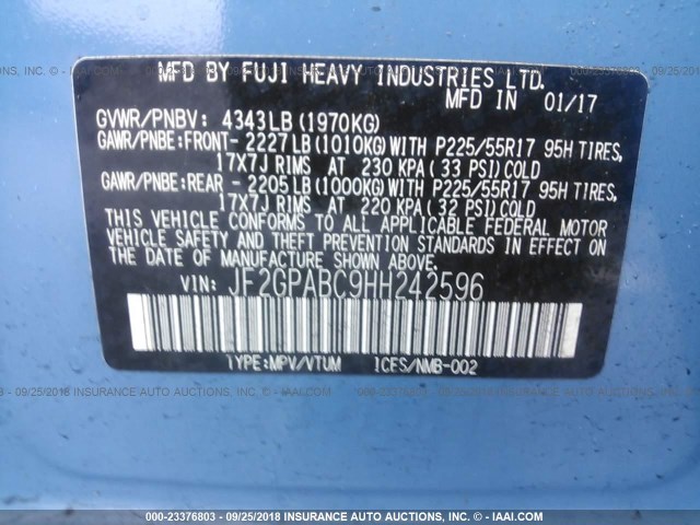 JF2GPABC9HH242596 - 2017 SUBARU CROSSTREK PREMIUM ლურჯი ფოტო 9