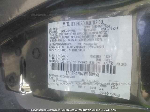 1FAHP34N67W180958 - 2007 FORD FOCUS ZX4/S/SE/SES 灰色 照片 9