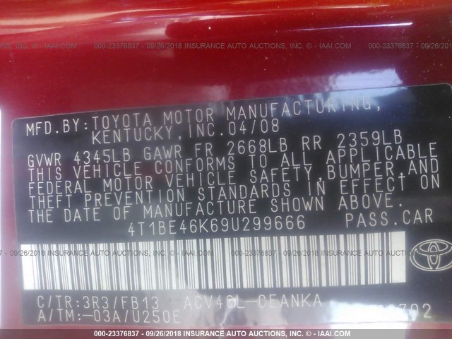 4T1BE46K69U299666 - 2009 TOYOTA CAMRY SE/LE/XLE 黄色 照片 9