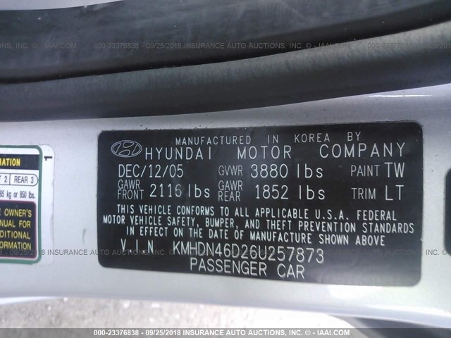 KMHDN46D26U257873 - 2006 HYUNDAI ELANTRA GLS/GT/LIMITED SILVER photo 9