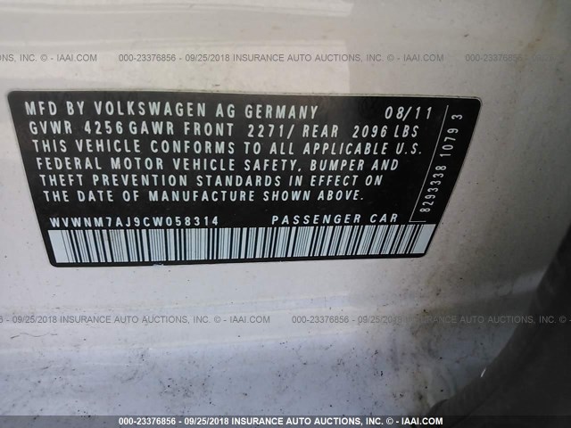 WVWNM7AJ9CW058314 - 2012 VOLKSWAGEN GOLF WHITE photo 9