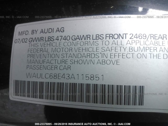 WAULC68E43A115851 - 2003 AUDI A4 1.8T QUATTRO BLACK photo 9