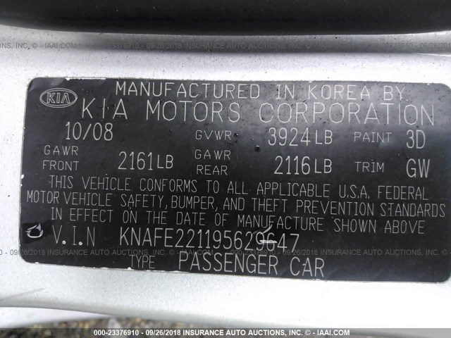 KNAFE221195629647 - 2009 KIA SPECTRA EX/LX/SX SILVER photo 9