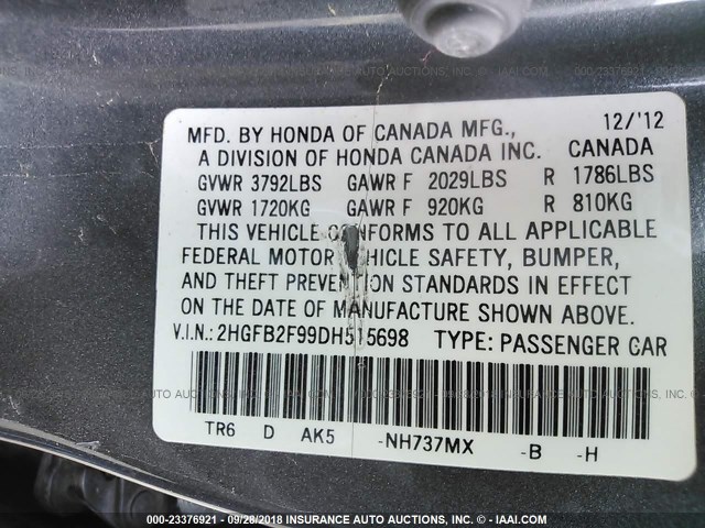 2HGFB2F99DH515698 - 2013 HONDA CIVIC EXL 银色 照片 9