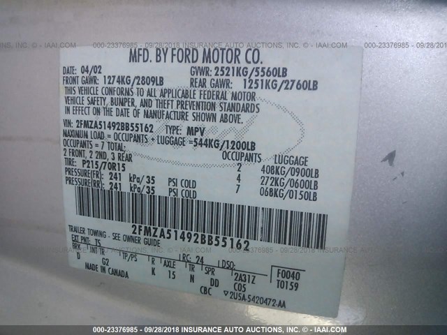 2FMZA51492BB55162 - 2002 FORD WINDSTAR LX SILVER photo 9