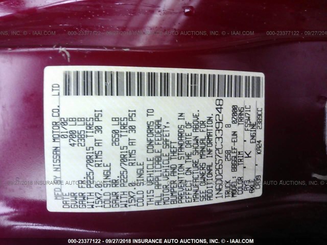 1N6DD26S72C339248 - 2002 NISSAN FRONTIER KING CAB XE MAROON photo 9