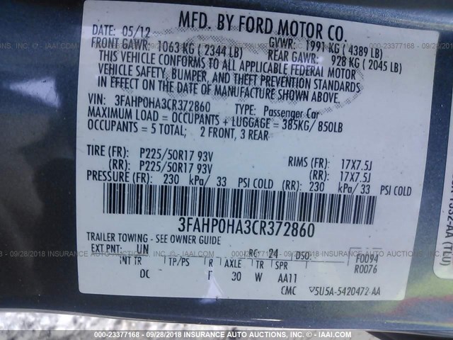 3FAHP0HA3CR372860 - 2012 FORD FUSION SE BLUE photo 9