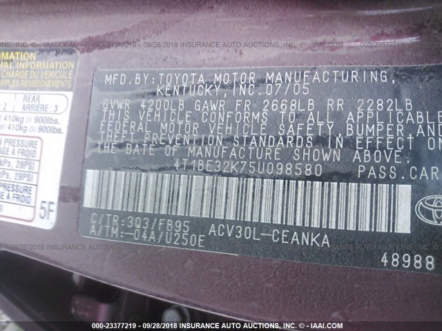 4T1BE32K75U098580 - 2005 TOYOTA CAMRY LE/XLE/SE Қызыл фото 9