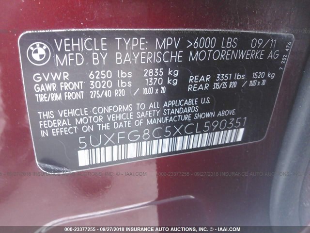 5UXFG8C5XCL590351 - 2012 BMW X6 XDRIVE50I RED photo 9