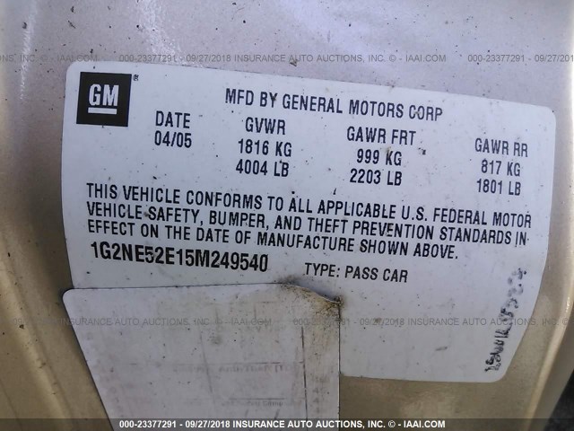 1G2NE52E15M249540 - 2005 PONTIAC GRAND AM SE TAN photo 9