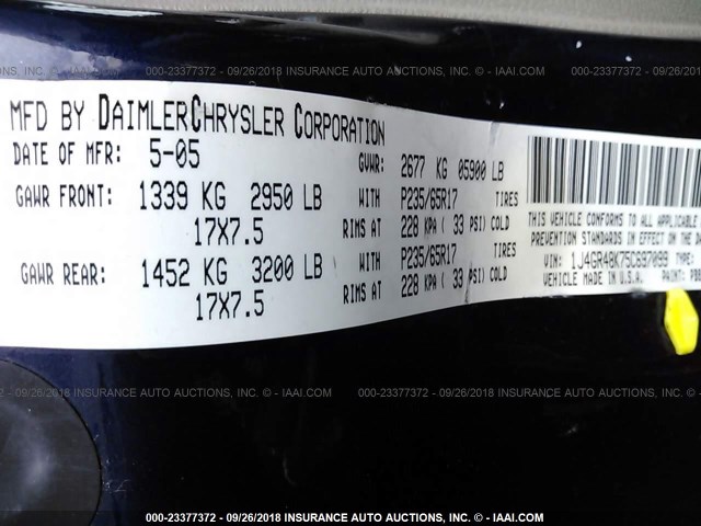 1J4GR48K75C697099 - 2005 JEEP GRAND CHEROKEE LAREDO/COLUMBIA/FREEDOM BLUE photo 9