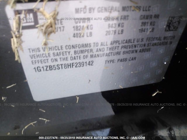 1G1ZB5ST8HF239142 - 2017 CHEVROLET MALIBU LS შავი ფოტო 9