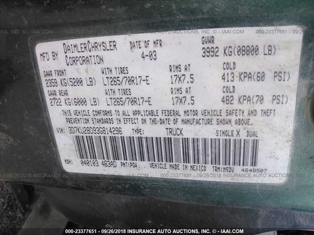 3D7KU28D93G814296 - 2003 DODGE RAM 2500 ST/SLT 绿色 照片 9