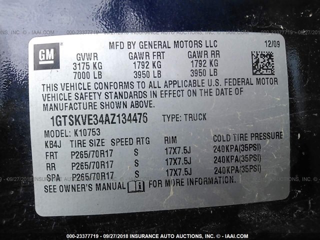 1GTSKVE34AZ134476 - 2010 GMC SIERRA K1500 SLE BLUE photo 9