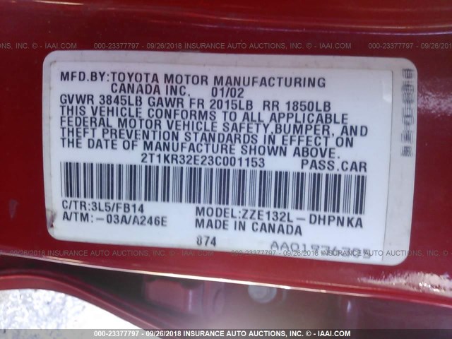 2T1KR32E23C001153 - 2003 TOYOTA COROLLA MATRIX XR RED photo 9