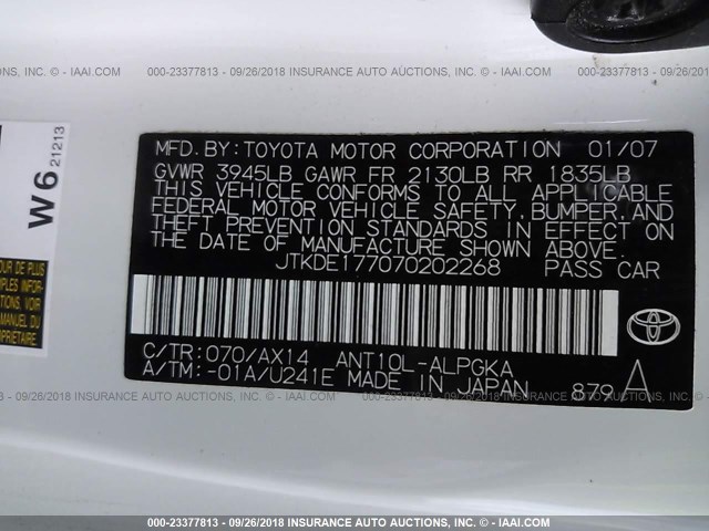 JTKDE177070202268 - 2007 TOYOTA SCION TC 白色 照片 9