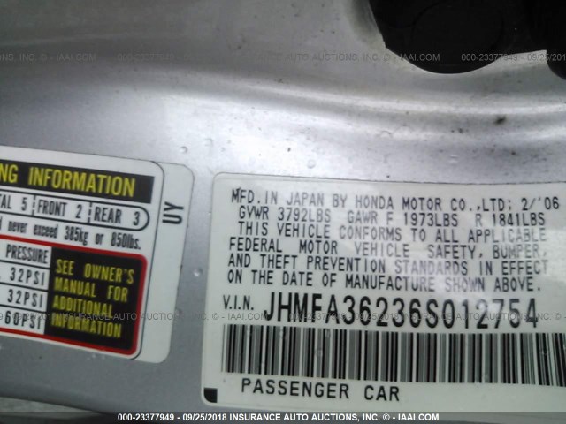 JHMFA36236S012754 - 2006 HONDA CIVIC HYBRID SILVER photo 9