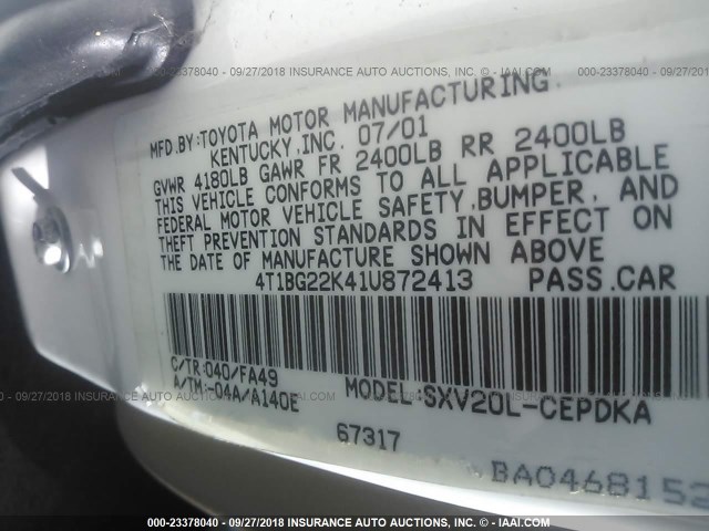 4T1BG22K41U872413 - 2001 TOYOTA CAMRY CE/LE/XLE 白色 照片 9