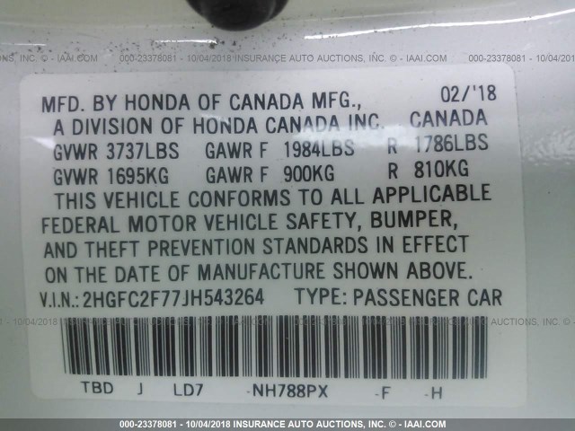 2HGFC2F77JH543264 - 2018 HONDA CIVIC EX Beyaz fotoğraf 9