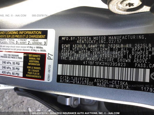 4T1BF1FK2HU395823 - 2017 TOYOTA CAMRY LE/XLE/SE/XSE 银色 照片 9