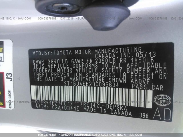 2T1BU4EE2DC095634 - 2013 TOYOTA COROLLA S/LE SILVER photo 9