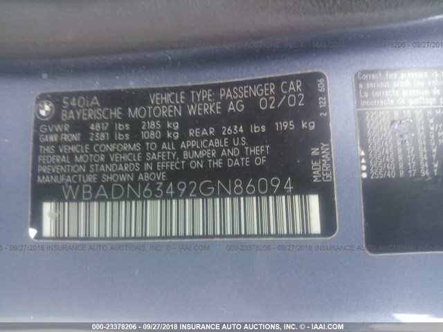 WBADN63492GN86094 - 2002 BMW 540 I AUTOMATIC 蓝色 照片 9