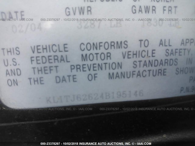 KL1TJ62624B195146 - 2004 CHEVROLET AVEO LS BLACK photo 9