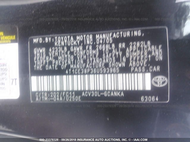 4T1CE38P36U593965 - 2006 TOYOTA CAMRY SOLARA SE/SLE BLACK photo 9